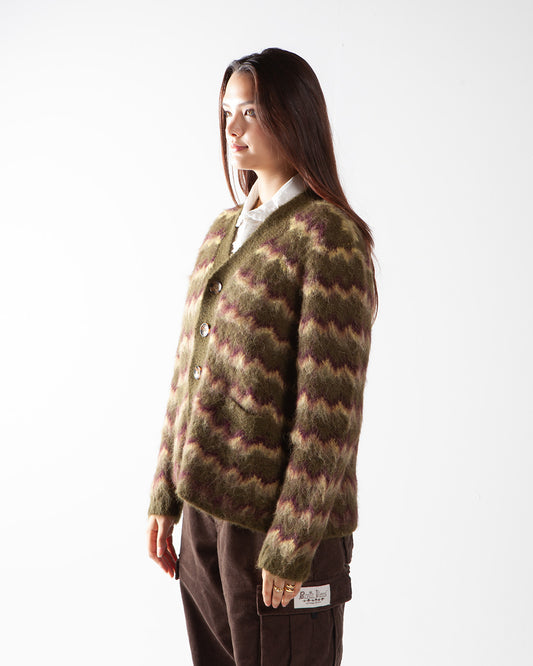 Brain Dead Zig Zag Striped Cardigan Olive Multi